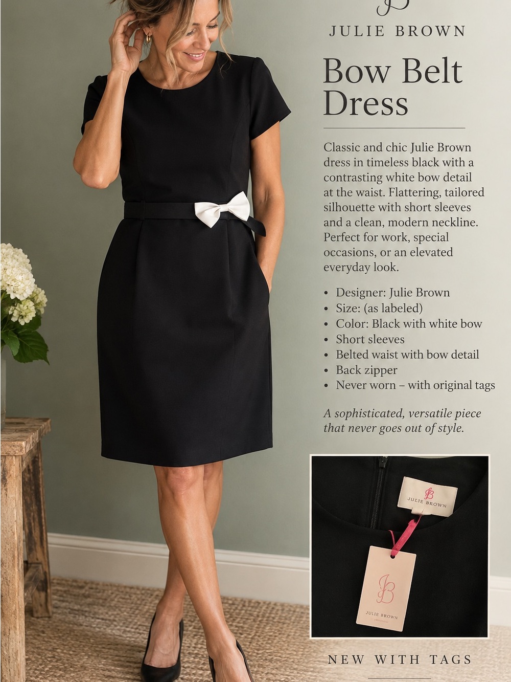 Julie Brown New York Black Dress with White Bow Belt — NWT